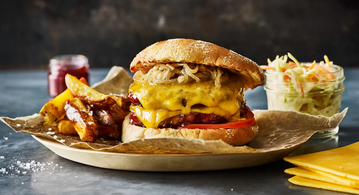 Härlig hamburgare med förädlad bourbonglaze, stekt lök och smakrik cheddarost.