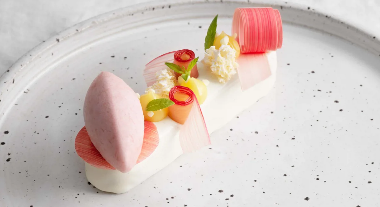 Yoghurt- och vaniljmousse med rabarber, grön kardemumma, citron och brynt smör